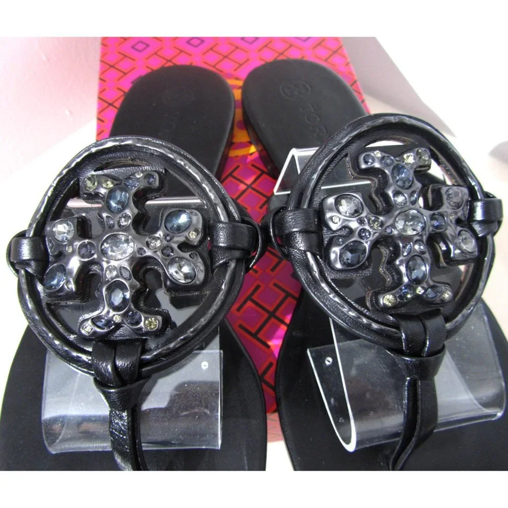 Tory Burch Miller Jeweled Leather Thong Sandals Black SIZE 5.5
